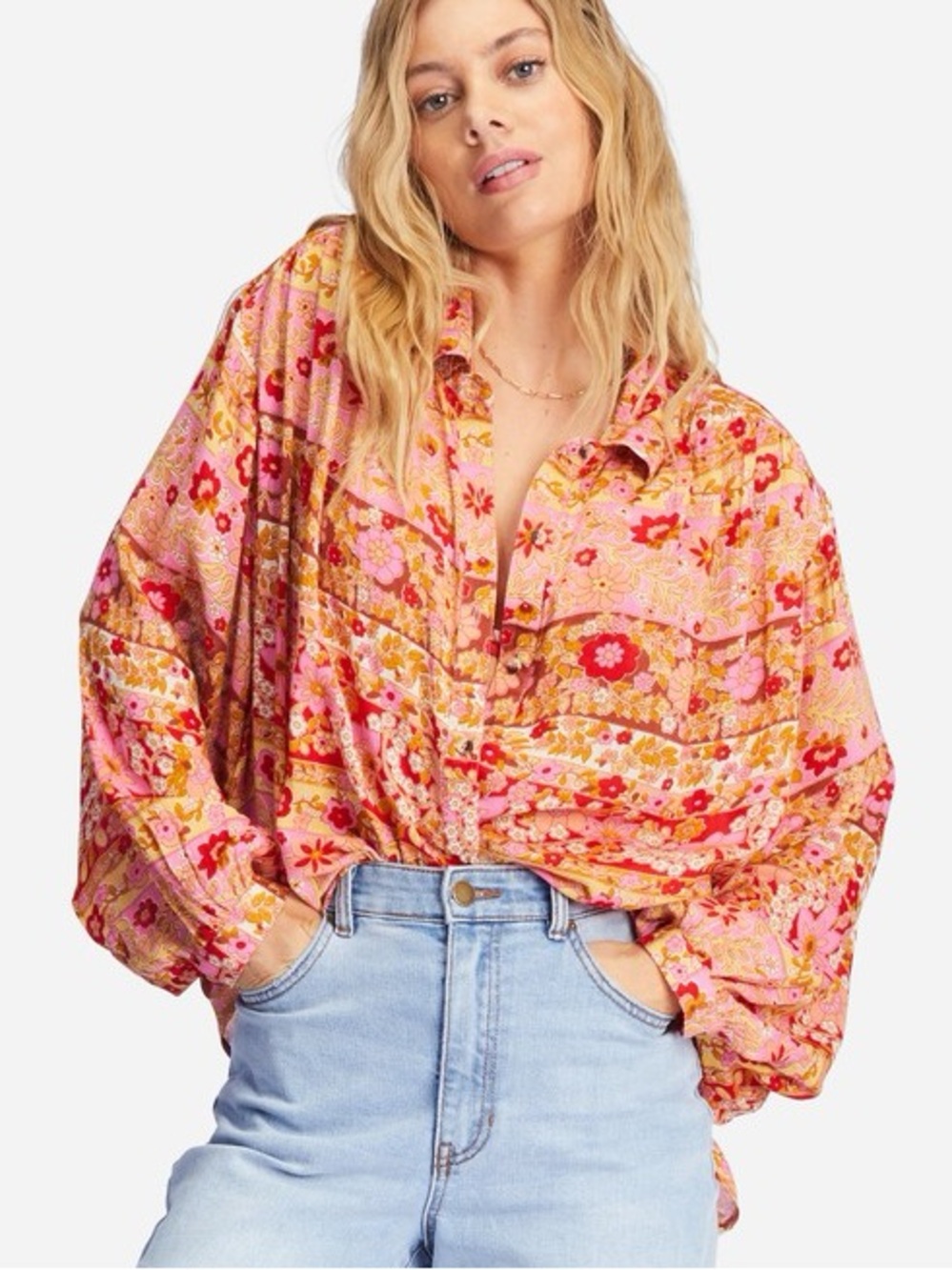 Billabong Day After Day Oversized Floral Button Up Shirt Pink Size S/ 8